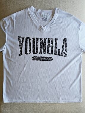 YoungLA White V-Neck Graphic Short Sleeve Tee with Black Logo